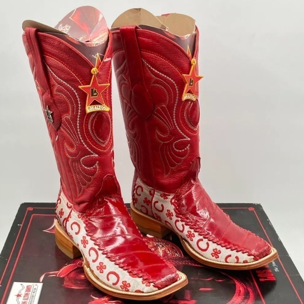 LOS ALTOS MEN'S LEATHER GENUINE EEL RED WESTERN BOOTS - Picture 5 of 16
